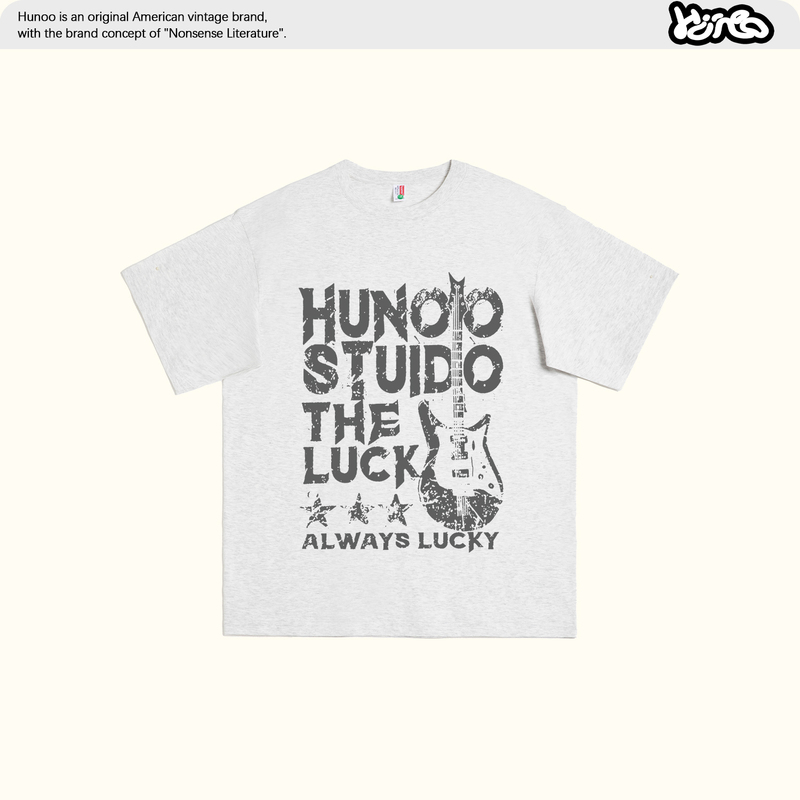 Hunoo American Street Style Letter Guitar Print Short-Sleeve T-Shirt for Men and Women, Casual and Versatile Half-Sleeve Top