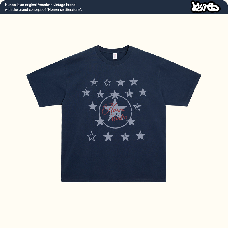 Hunoo American Retro Star Print Short-Sleeved T-Shirt for Women, Casual Slimming Oversize Versatile Half-Sleeved Top