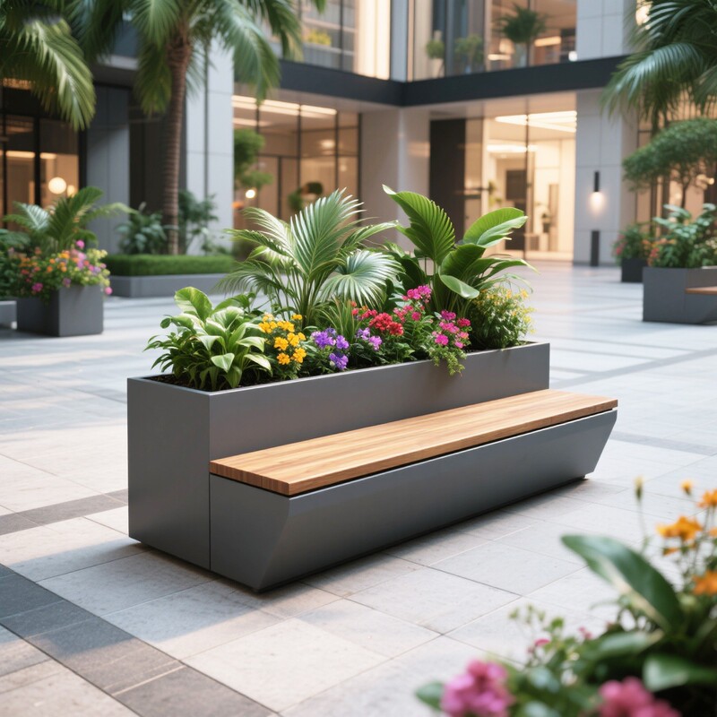 Outdoor Wrought Iron Stainless Steel Galvanized Steel Finished Flower Box Seat, Garden Planting Box, Park Square Flower Trough Combination