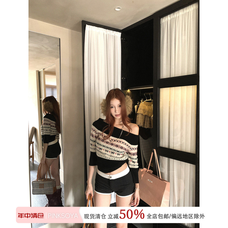 Pinksoya Tsukino Pudding American Retro One-Shoulder Color-Block Sweater for Women Early Spring Knit Top Pinksoya Tsukino Pudding American Retro One-Shoulder Color-Block Sweater for Women Early Spring Knit Top