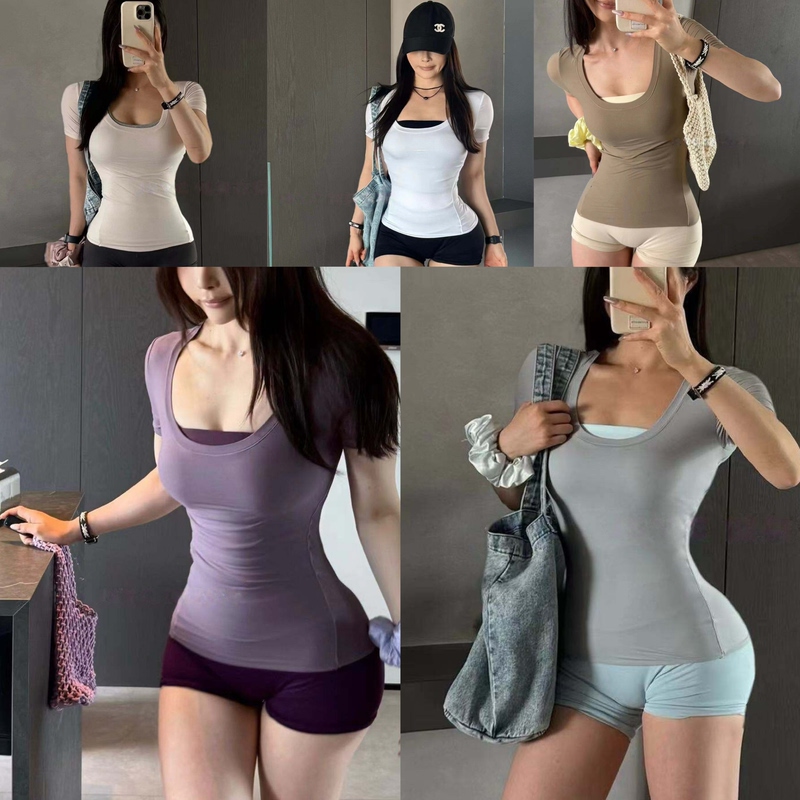 Cloud-Soft High-Elasticity Nude-Feel Waist-Cinching Wide-Neckline Pure Desire Sports Fitness Short-Sleeve Yoga T-Shirt Pilates Training Top