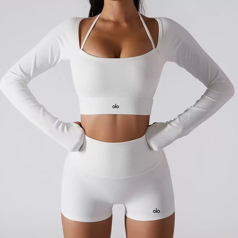 American Professional Yoga Clothing Women's Set High-Waisted Butt-Lifting Elastic Shorts Long-Sleeved Pilates Running Fitness Sports Top