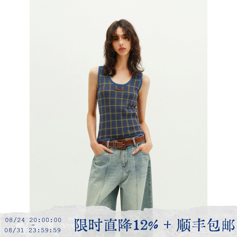 Tearocean *High-End Pure Cotton Retro Plaid U-Neck Sleeveless Vest for Women, Slim Fit Plaid Top for Early Autumn