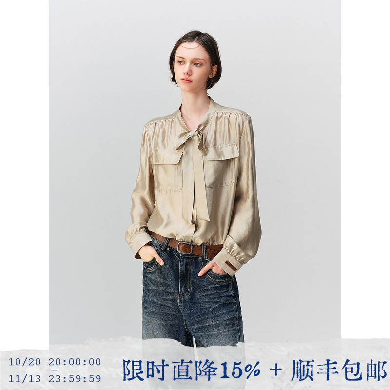 Tearocean* Satin Lyocell V-Neck Long-Sleeve Shirt for Women with Ribbon, Utility Pockets, and a Draping, Elegant Top Tearocean* Satin Lyocell V-Neck Long-Sleeve Shirt for Women with Ribbon, Utility Pockets, and a Draping, Elegant Top
