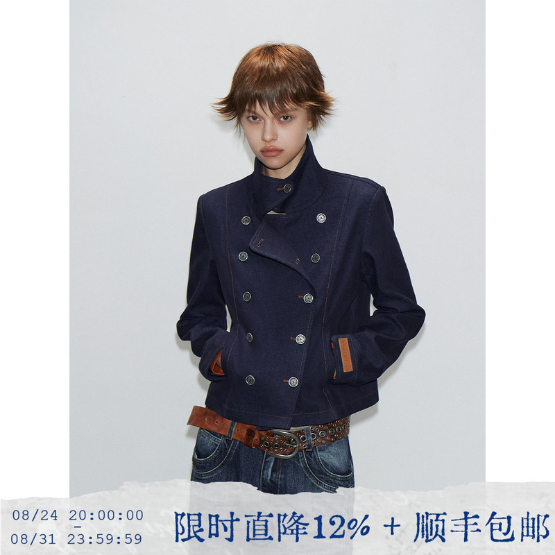 Tearocean* Washed Vintage Short Jacket for Women with Stand Collar, Double-Breasted Diagonal Placket, Loose Straight-Cut Coat