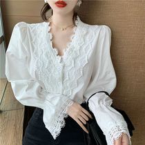 Women Blouse Spring Autumn Sweet Floral Lace Shirt Sexy V Ne