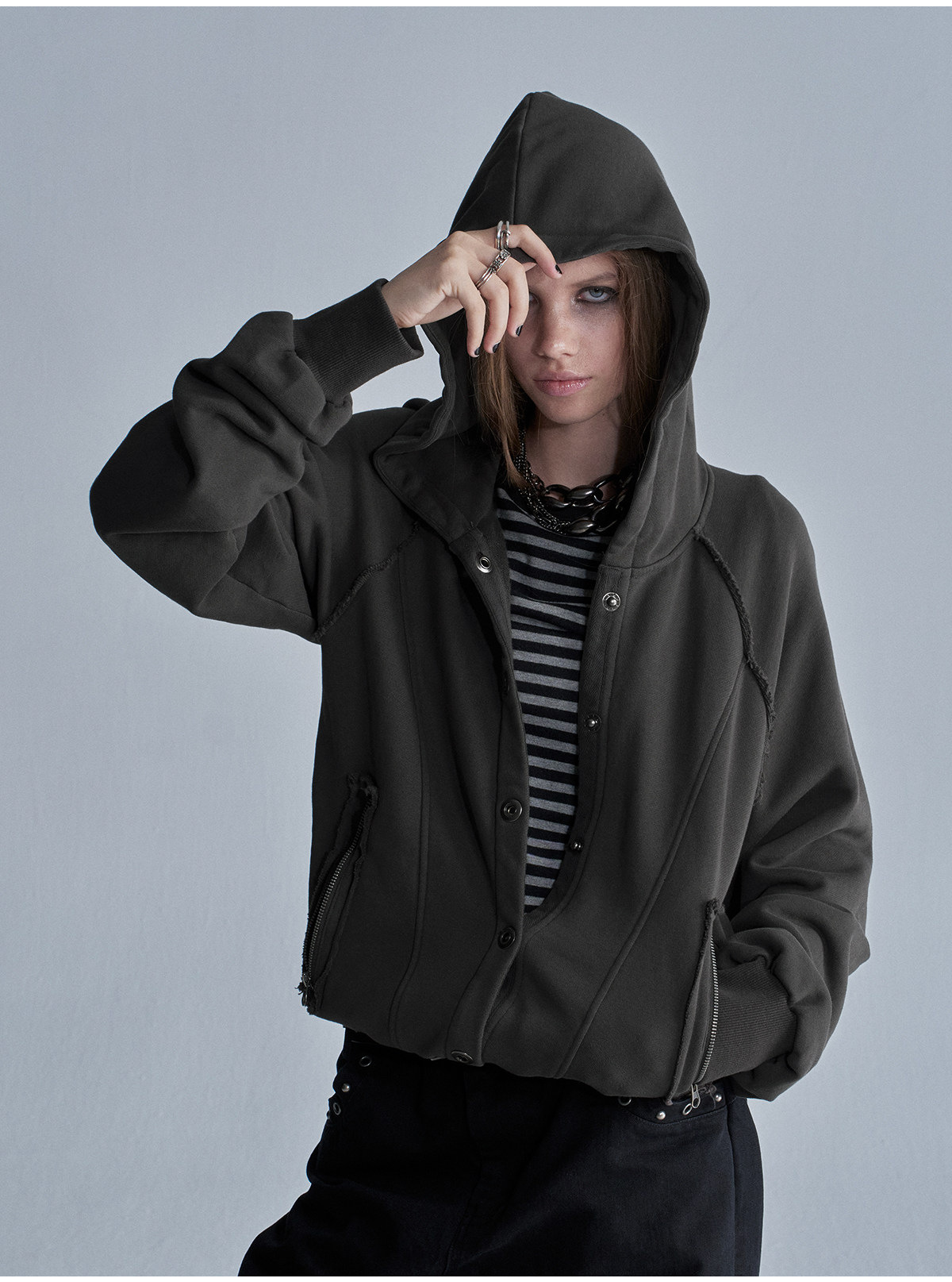 wear And tear Loose Hooded Zip-Up Terry Hoodie