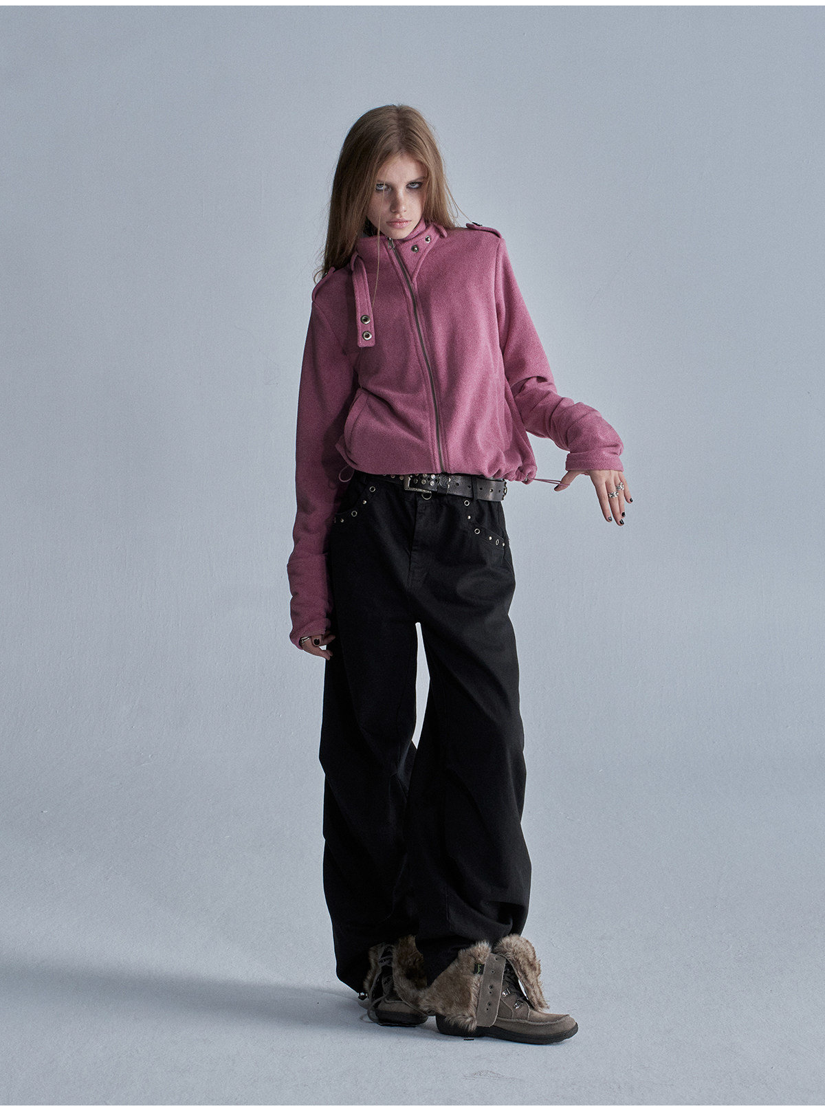 wear And tear Loose Fleece Drawstring-Hem Cardigan Jacket