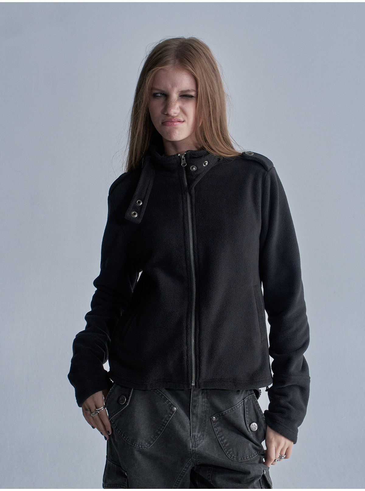 wear And tear Loose Fleece Drawstring-Hem Cardigan Jacket