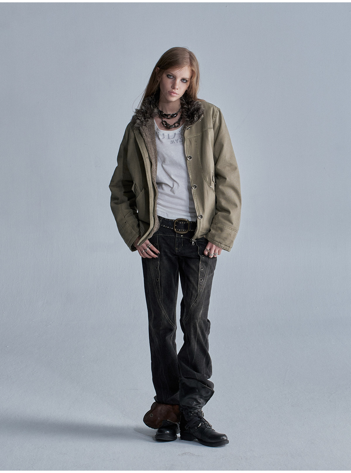 wear And tear Distressed Metal-Button Fleece-Lined Jacket