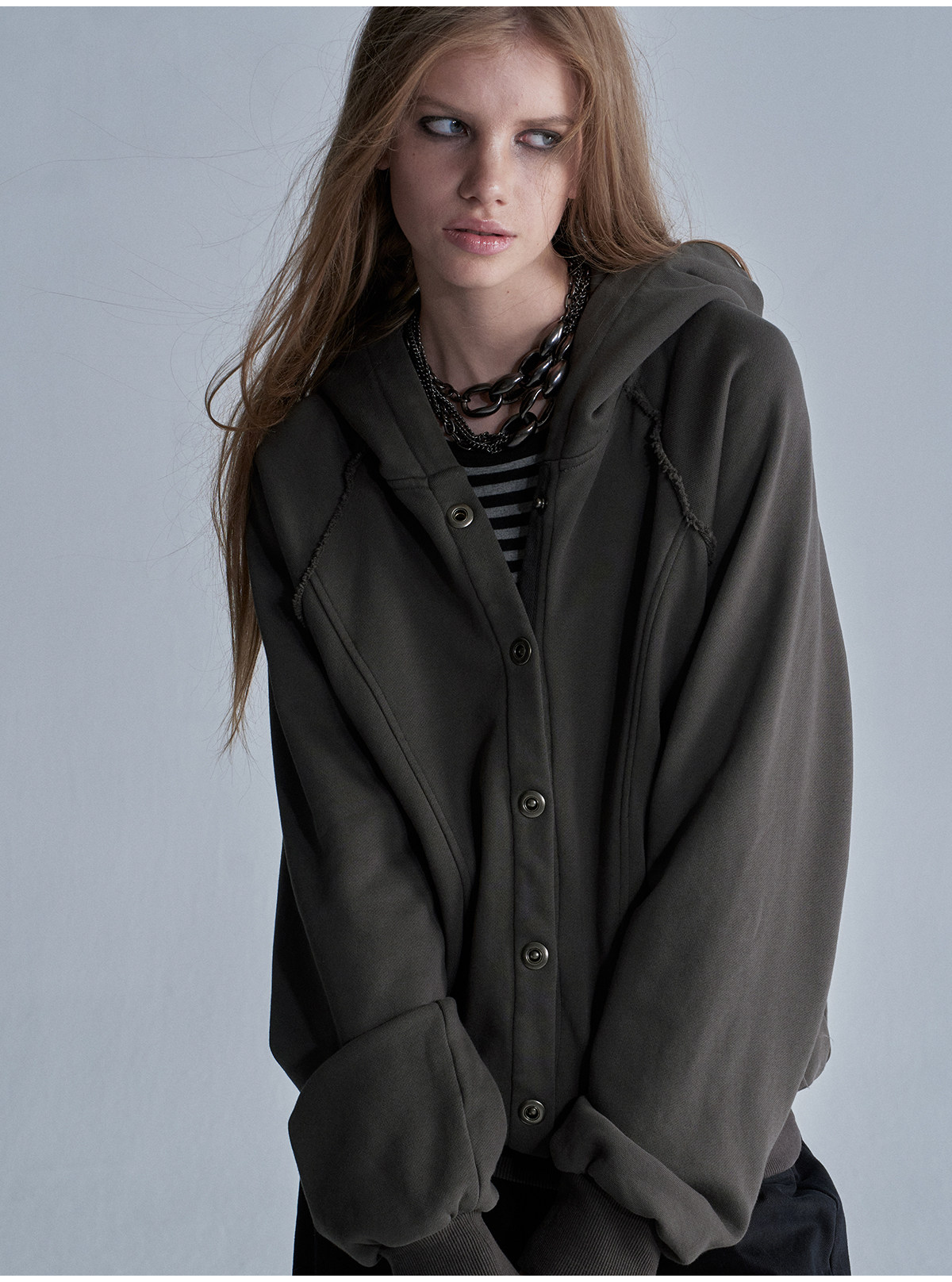 wear And tear Loose Hooded Zip-Up Terry Hoodie