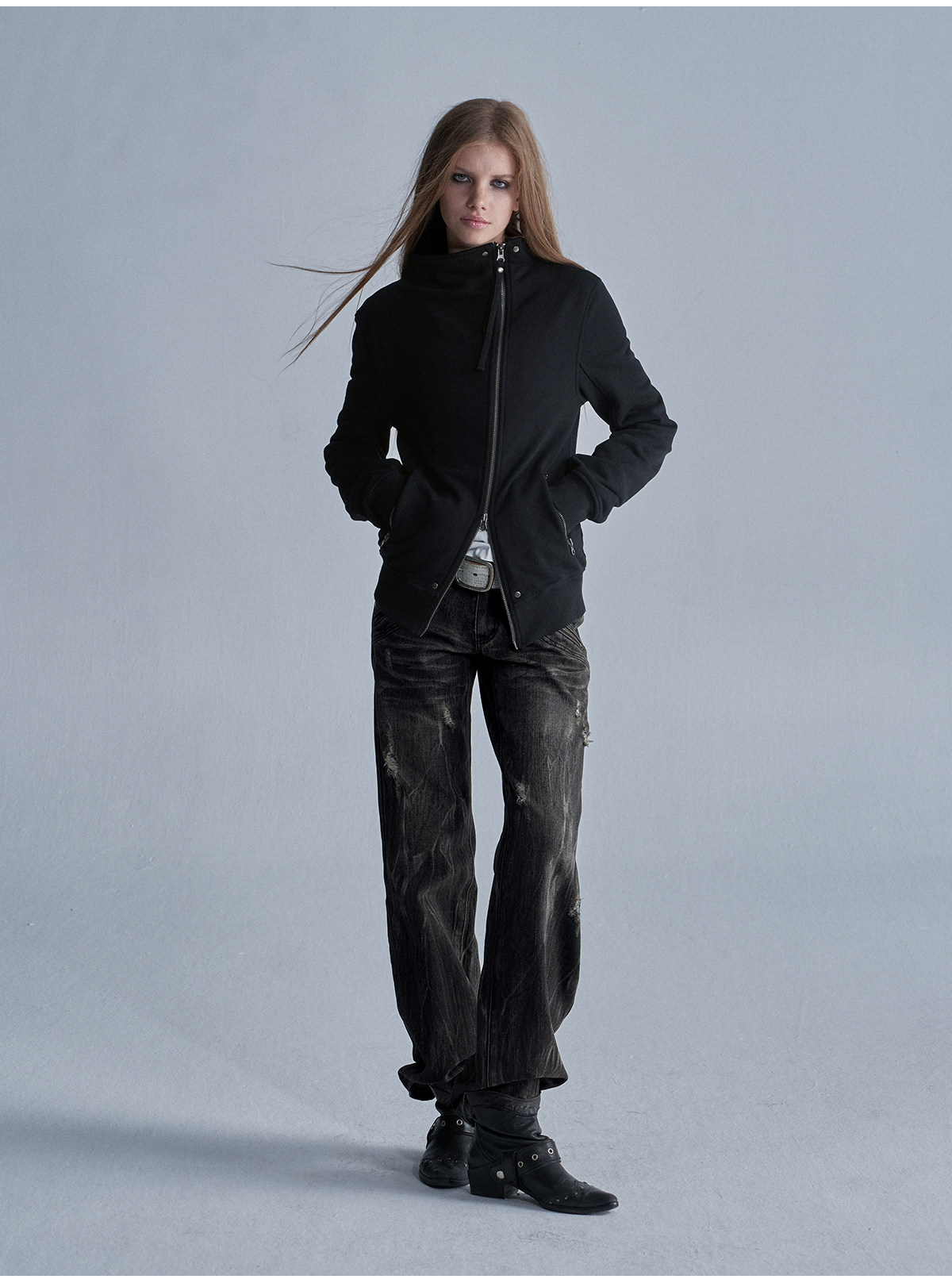 wear And tear Asymmetric Zip Rivet Fleece Jacket