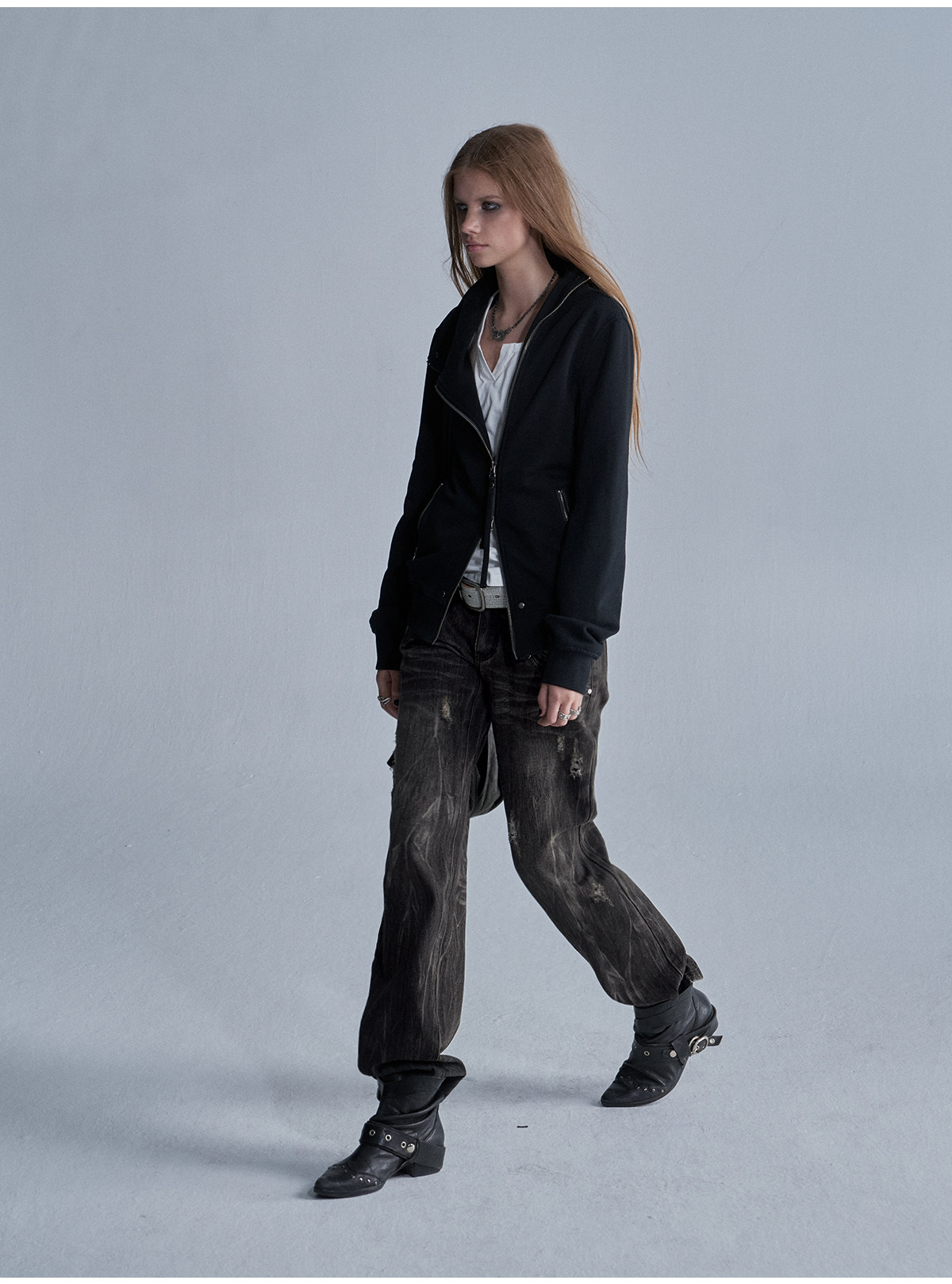 wear And tear Asymmetric Zip Rivet Fleece Jacket