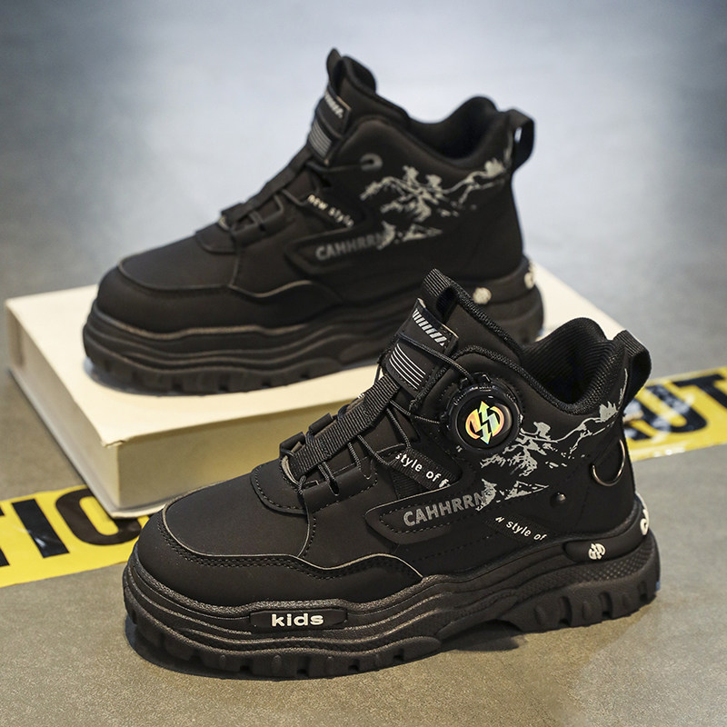 Boys' Shoes, Martin Boots, Winter 2025 New Model, Children's Non-Slip Rotating Buckle Leather Boots, Medium and Large Children's Fleece-Lined Cotton Shoes