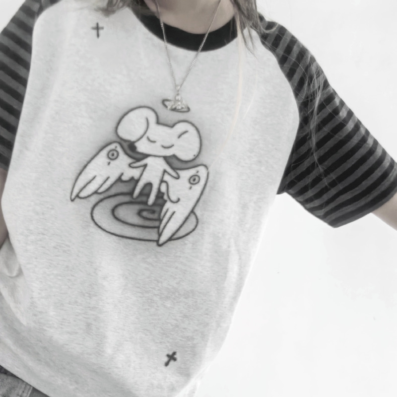 Rabyss Angel Mouse Original Cute Homey Summer and Autumn Striped Loose Raglan Sleeve Short Sleeve Long Sleeve Cute T-Shirt Rabyss Angel Mouse Original Cute Homey Summer and Autumn Striped Loose Raglan Sleeve Short Sleeve Long Sleeve Cute T-Shirt