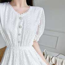 White lace dress female summer fairy super fairy white skirt long French waist temperament long skirt summer