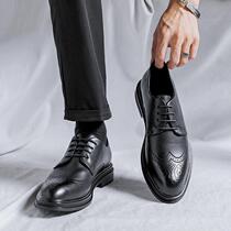 Leather shoes mens brogue carved British casual business formal mens shoes with heightening suit shoes wedding grooms shoes