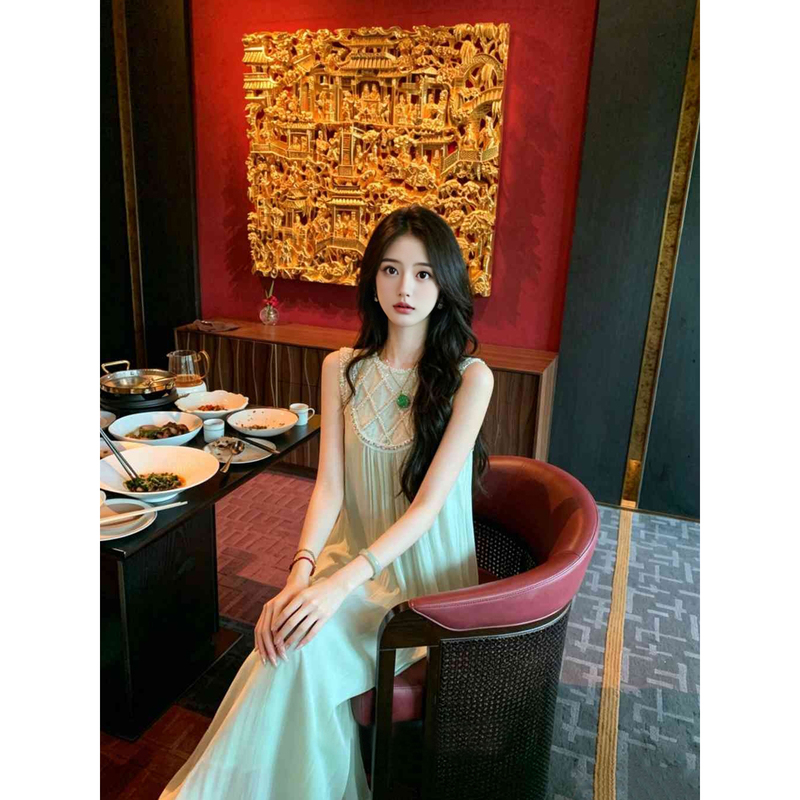 【Qinghua Fu】Summer New Style Sleeveless Loose A-Line Dress with Heavy Embroidery, Pearl Shimmering Satin Tank Top Dress 【Qinghua Fu】Summer New Style Sleeveless Loose A-Line Dress with Heavy Embroidery, Pearl Shimmering Satin Tank Top Dress