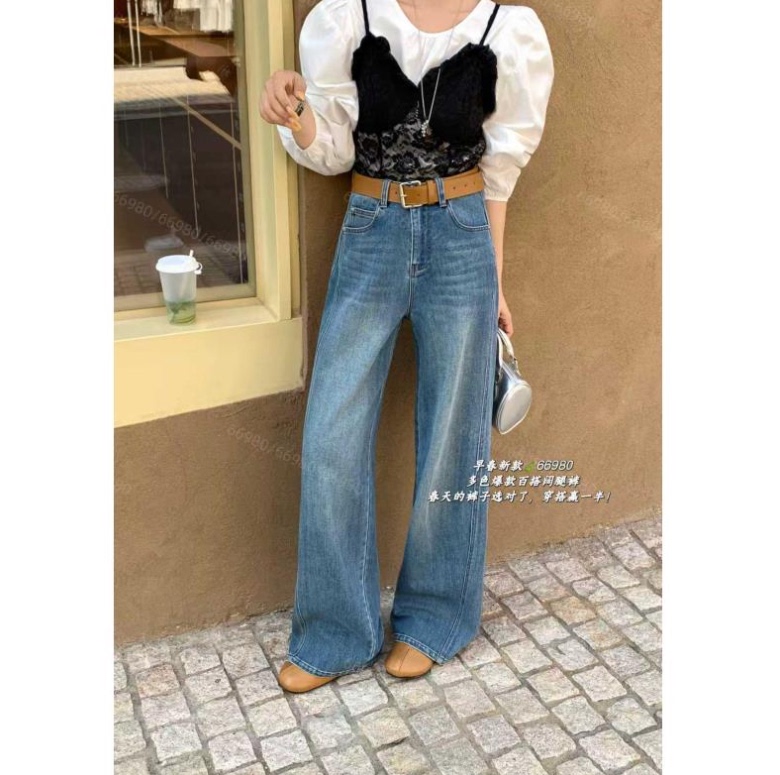 Hmy66980 2026 New Versatile Slimming Diagonal Design Narrow-Fit Denim Wide-Leg Pants