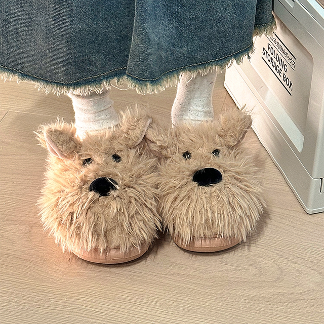 Cute Puppy-Style Fluffy Cotton Slippers, Winter 2025 New Indoor Home Non-Slip Long Plush Warm Temperature-Locking Low-Top