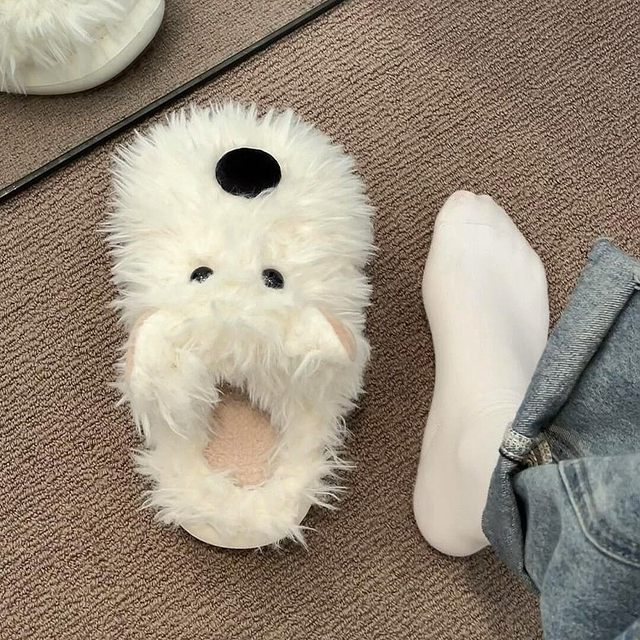 Cartoon Puppy Plush Ear-Shaped Women's Home Cotton Slippers with Soft Soles, Warm Indoor Autumn and Winter Cute Light-Soled Slippers for Men