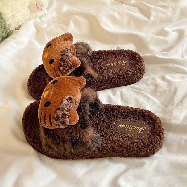 Cute Leopard Print Furry Slippers for Women 2024 New Autumn and Winter Home Indoor Non-Slip Supermarket Wholesale Cotton Slippers for Women