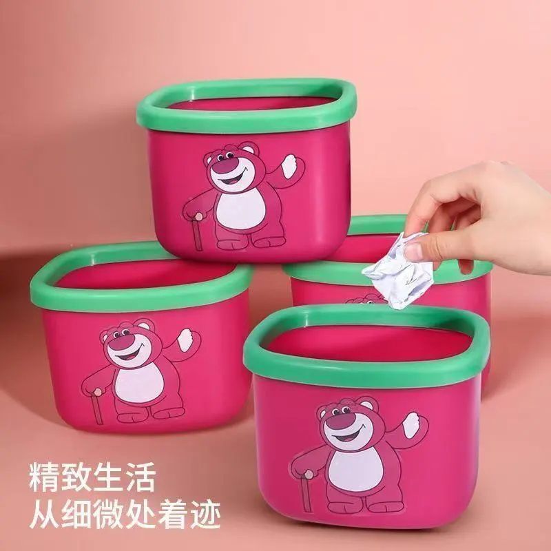 New Cartoon Strawberry Bear Desktop Storage Basket Dormitory Essentials Thickened Plastic Trash Can Small Bear Square Trash Bin