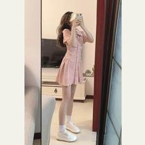 polo collar pink pleated dress womens summer new high-end sense small waist slimming A-line shirt skirt