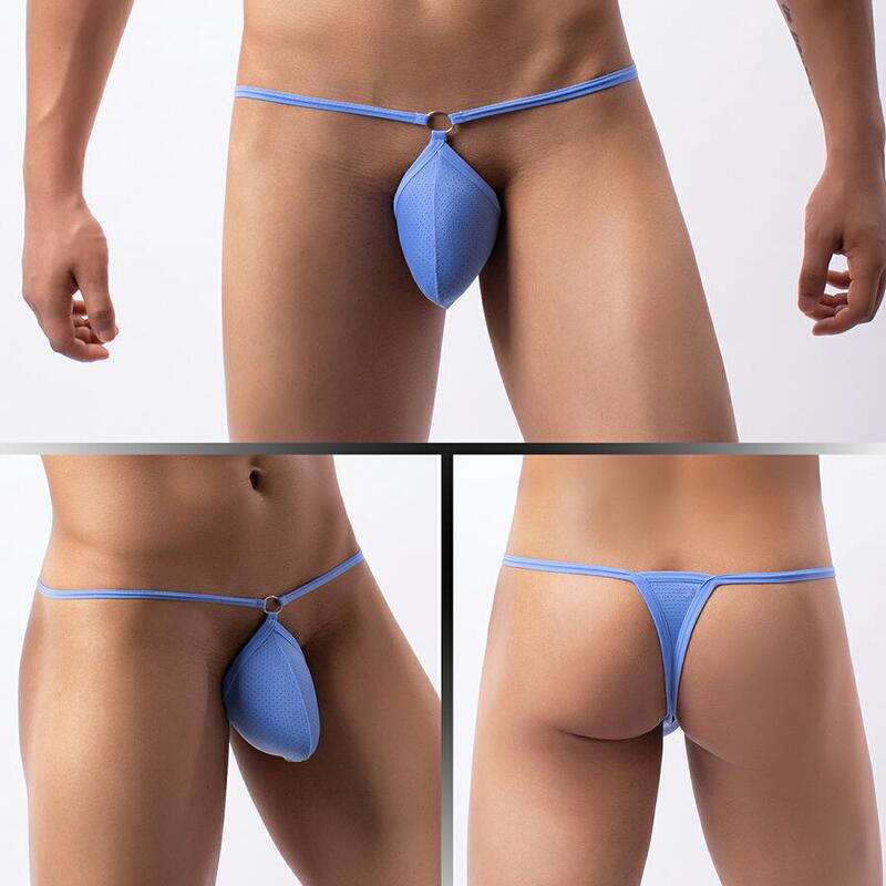 2026 Summer Men's Low-Waist Sexy Thong Breathable Mesh Design Blue Home Shorts Underwear