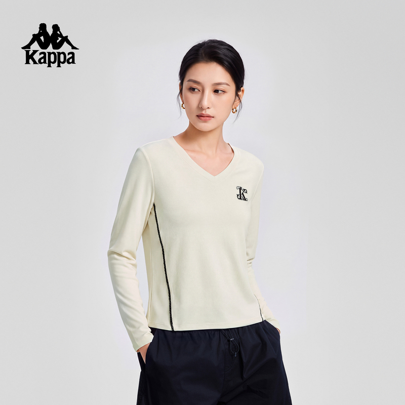 Kappa White V-Neck Long-Sleeve T-Shirt for Women, Slim Fit, Base Layer, Slimming American-Style Sports Top