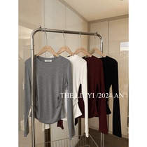Liuxinyan Clothing LIUYI Narrow Waist T Autumn Waist Slimming Right Shoulder T-shirt Side Pleats Round Neck Long Sleeve Top