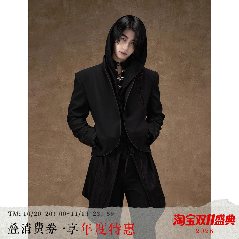 Balitone "Red Eyes" High-End Cut-Out Embroidered Short Blazer with Red Inner Lining, Buttonless Stand Collar, Waist-Cinching Jacket