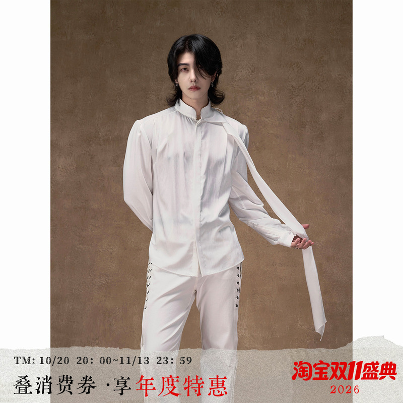 Balitone "Symphony" Ribbon Double-Layered Long Scarf Black and White Shirt with Hidden Placket, Stand Collar, Waist-Cinching Satin Shirt