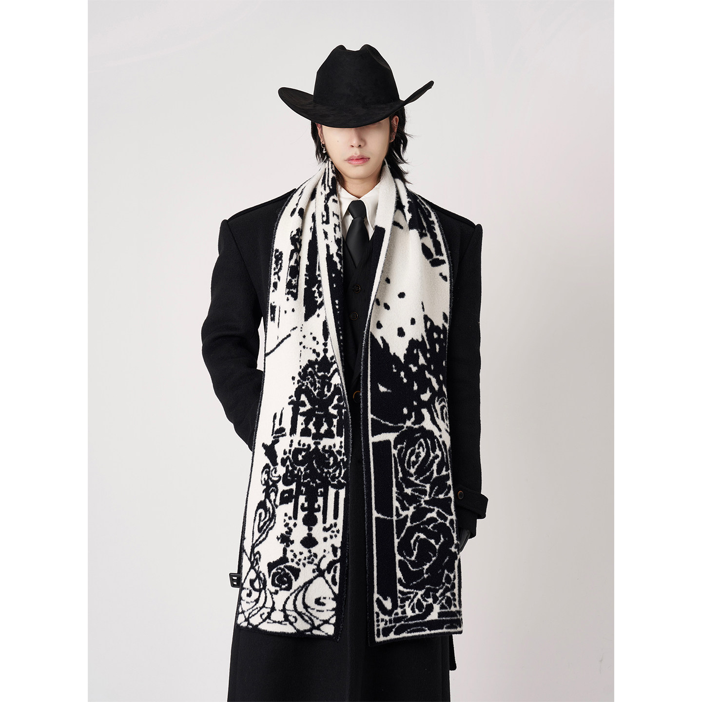 BALITONE "Phantom of the Opera" Original Hand-Painted Black and White Reversible Scarf, Winter-Style Fleece Neck Warmer