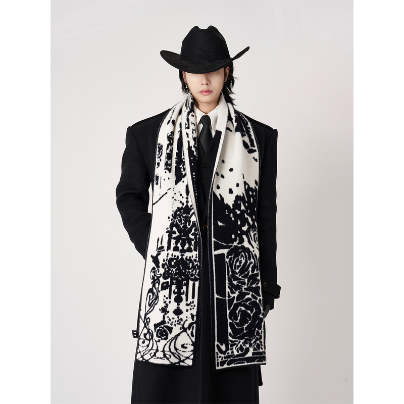Balitone "Phantom of the Opera" Original Hand-Painted Black and White Double-Sided Scarf with a Winter Vibe and a Velvet Feel