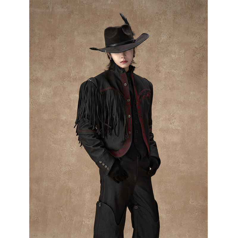 Balitone Original Red and Black Color-Blocked Tassel Denim Jacket with Loose-Fitting Heavy-Duty Small Stand Collar Short Coat Balitone Original Red and Black Color-Blocked Tassel Denim Jacket with Loose-Fitting Heavy-Duty Small Stand Collar Short Coat
