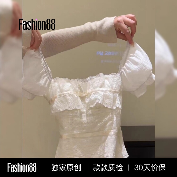 2026 Spring/Summer French-Style White Puff Sleeve Lace Blouse for Women, Slim Fit, Short, with Ruffled Square Collar, Stunning Top