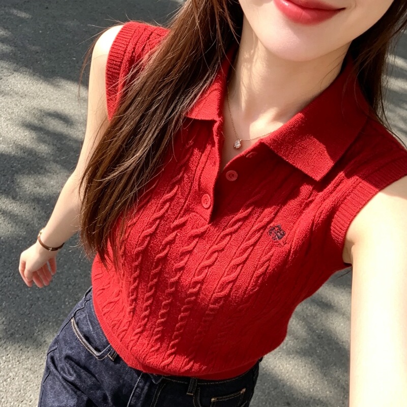 Summer New Solid Color Embroidered Polo Collar Slim Fit Knitted Sleeveless Vest Top