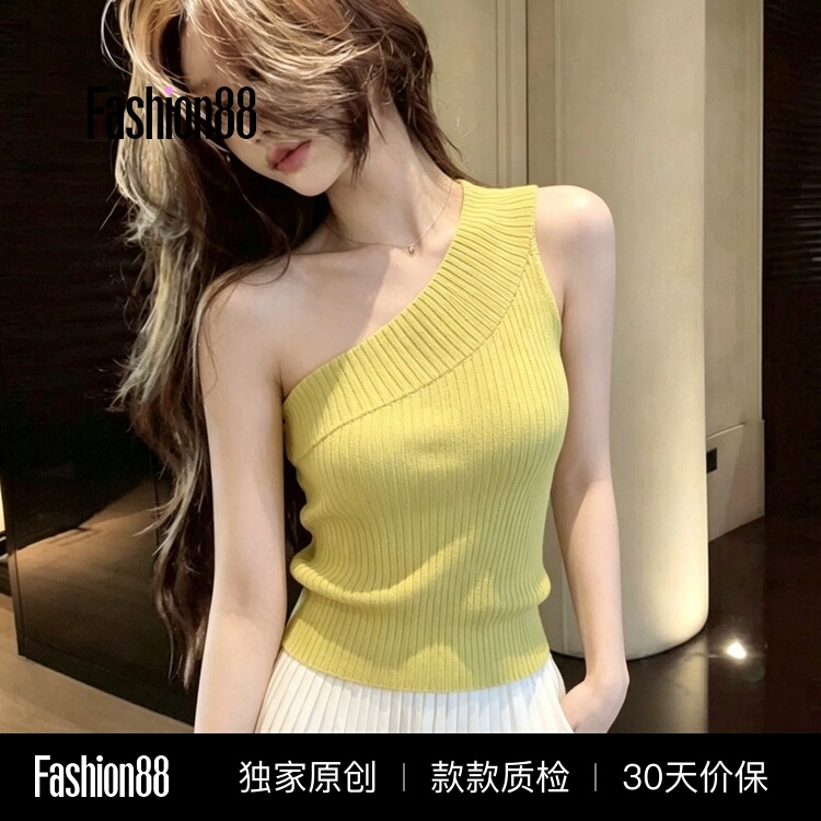 Unique and Beautiful Green Asymmetrical Shoulder Crop Top for Women, Summer Inner Wear, Slim Fit, Versatile, Sleeveless Knitted Vest