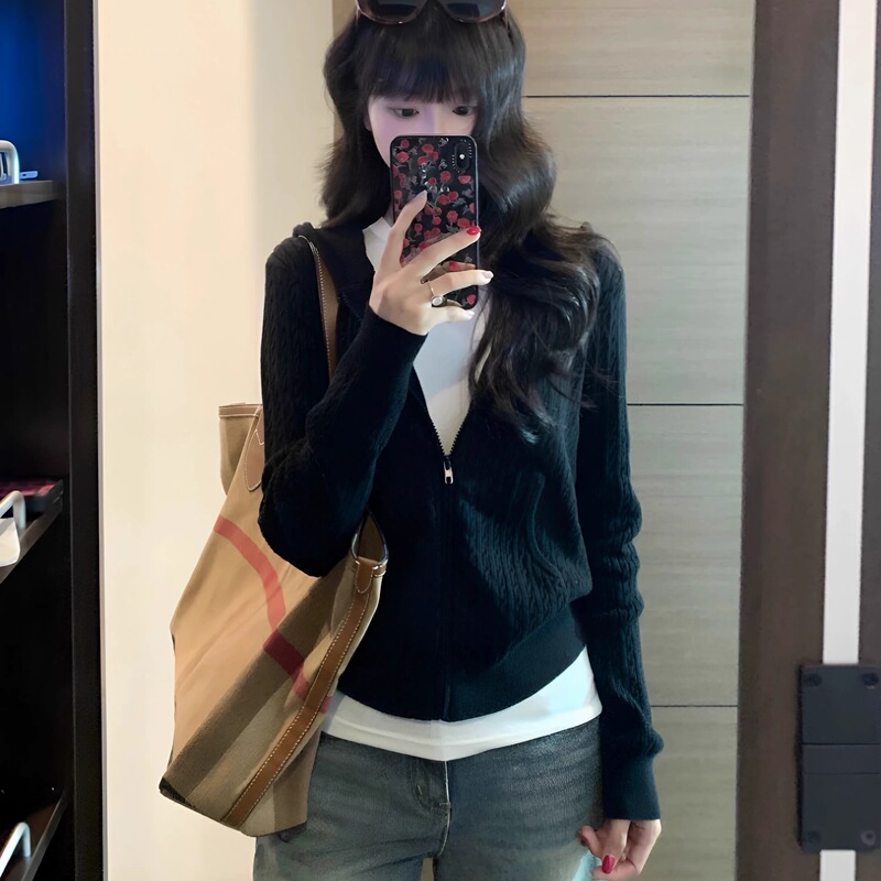 Black Cable-Knit Hooded Cardigan for Women, Autumn and Winter Korean Chic Style, Unique and Super Stylish Zip-Up Jacket