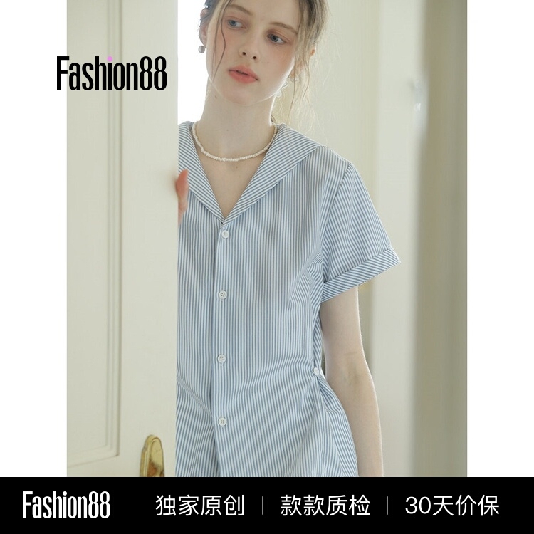 French-Style Commuter Navy Collar Blue Striped Short-Sleeve Shirt for Women, Spring and Summer College Style, Age-Reducing, Slimming, Unique Top