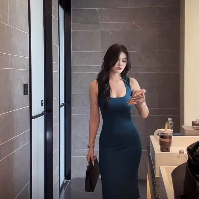 Square Neck, Back Slit, Sleeveless, Slim Fit, Hip-Hugging Dress, Pure Sexy Hot Girl Style, Summer Cotton Square Neck, Back Slit, Sleeveless, Slim Fit, Hip-Hugging Dress, Pure Sexy Hot Girl Style, Summer Cotton