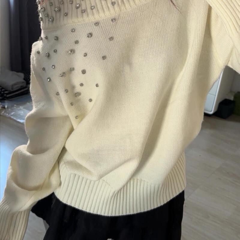 Korean-Style One-Shoulder Beaded Knit Sweater for Women, White Long-Sleeve Elegant Sweater with a High-End Design, Off-White