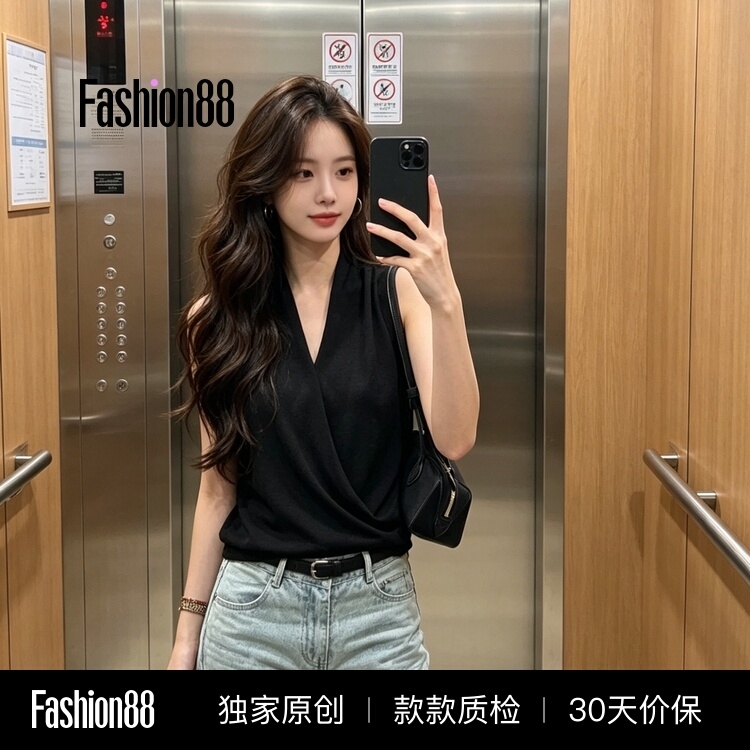 Summer New French-Style High-End V-Neck Knit Vest, Old Money Style, Black Versatile Slim-Fit Sleeveless Top Summer New French-Style High-End V-Neck Knit Vest, Old Money Style, Black Versatile Slim-Fit Sleeveless Top