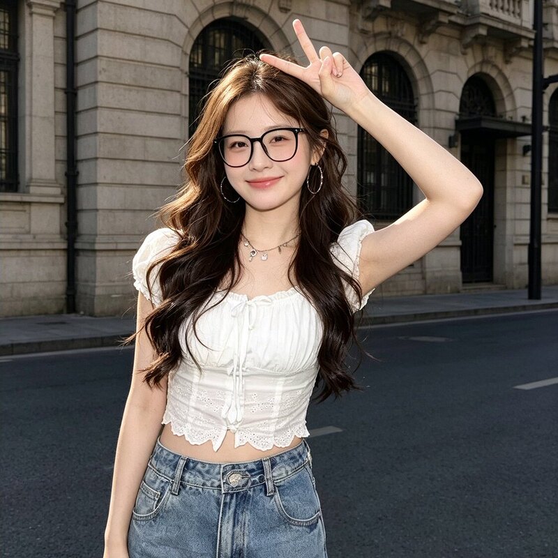 Summer New Korean Style Pure Desire Style Square Collar Short-Sleeved Shirt with Waist-Cinching Slimming Lace Trim and Puff Sleeves