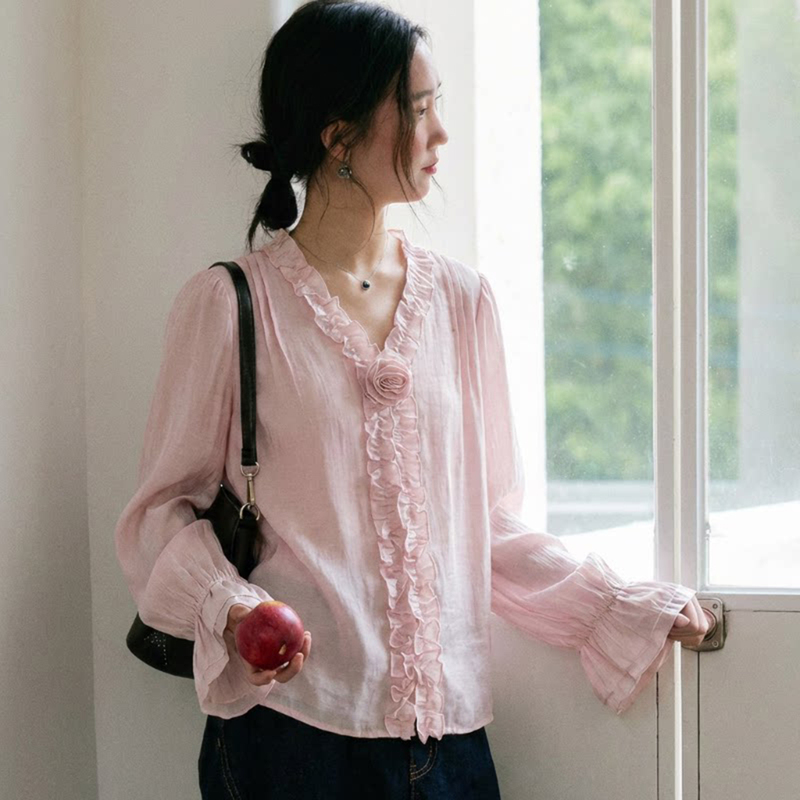 French-Style Retro Ruffled V-Neck Blouse for Women, Spring Season, High-End Commuter Long-Sleeve Top Y1588F