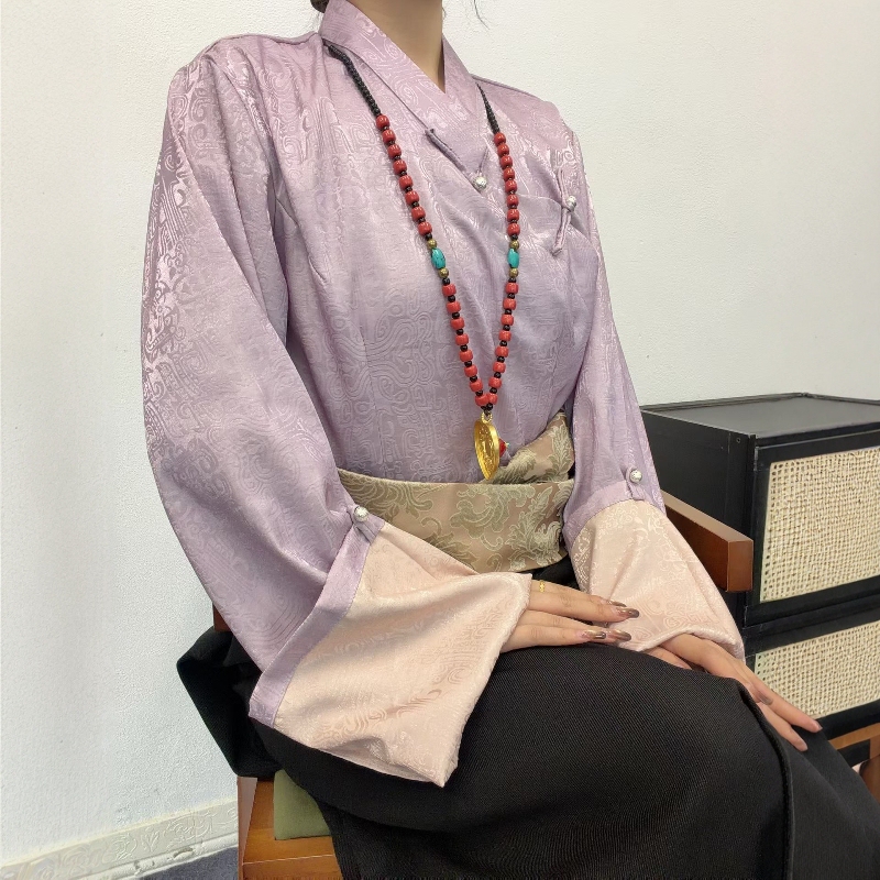 Versatile Women's Wide-Sleeved Tibetan Robe with a Fashionable Tibetan-Style Shirt Underneath, Exquisite V-Neck Tibetan Clothing, Classic Guozhuang Clothing, Kelong Versatile Women's Wide-Sleeved Tibetan Robe with a Fashionable Tibetan-Style Shirt Underneath, Exquisite V-Neck Tibetan Clothing, Classic Guozhuang Clothing, Kelong