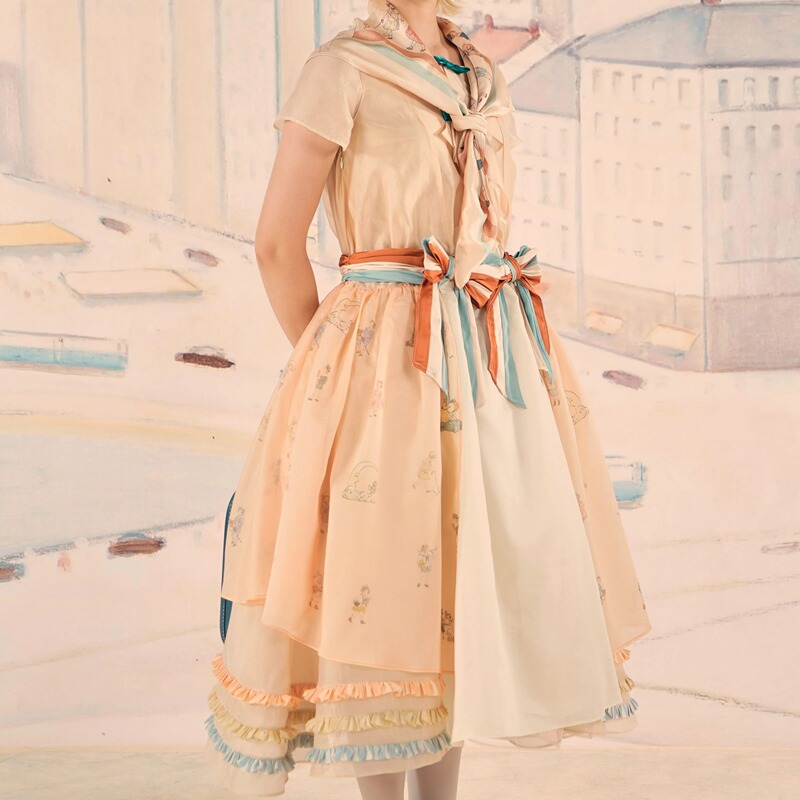Fall*Fabiantique1920 Style Honeydew Color Antique Navy Print Tricolor Flag Low-Waist Gauze Skirt