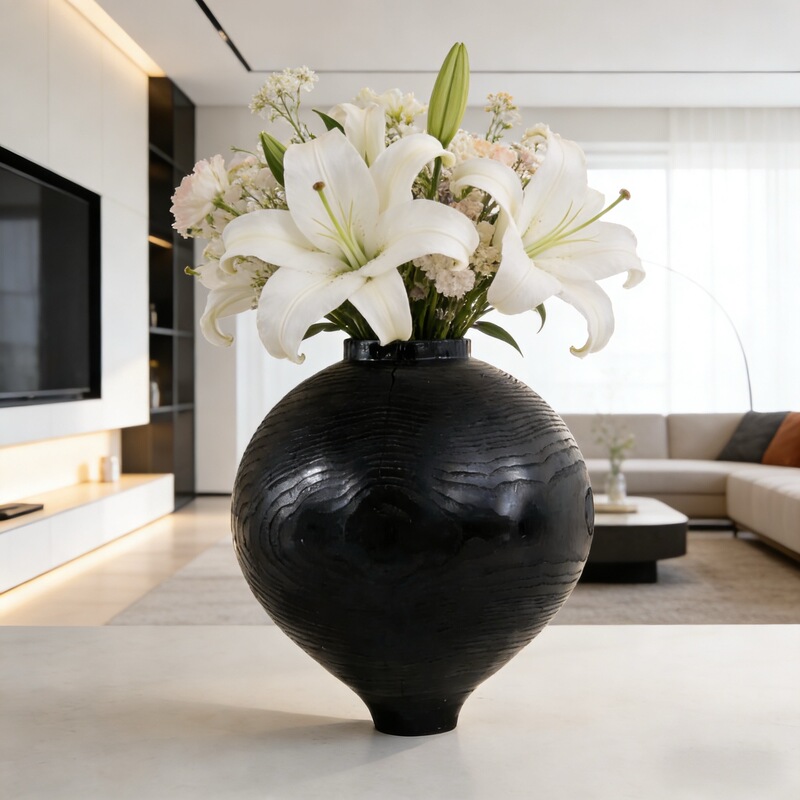 Manufacturer Sells Handmade Chinese-Style Carbonized Chestnut Wood Large Black Vase for Home and Villa Art Decoration