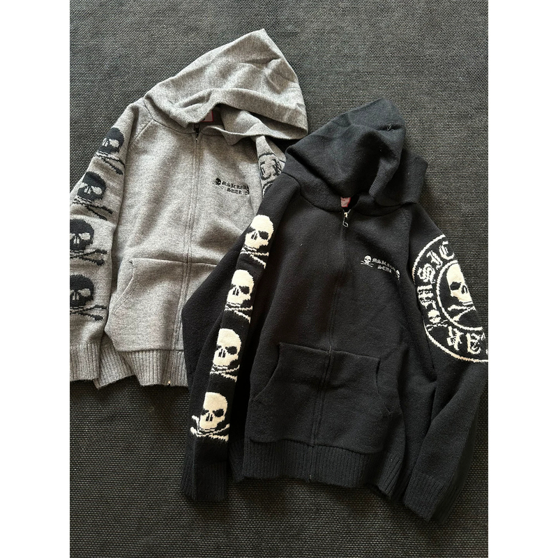 American Street Gothic Style Skull Design Cardigan Hooded Sweater for Men and Women Loose Casual Knitwear Jacket